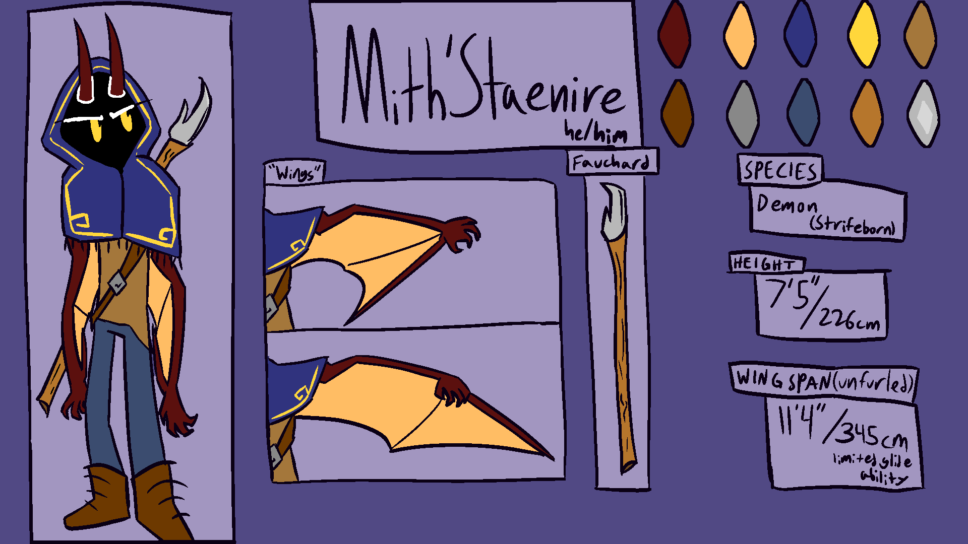 ref sheet for a character named mith'staenire.'