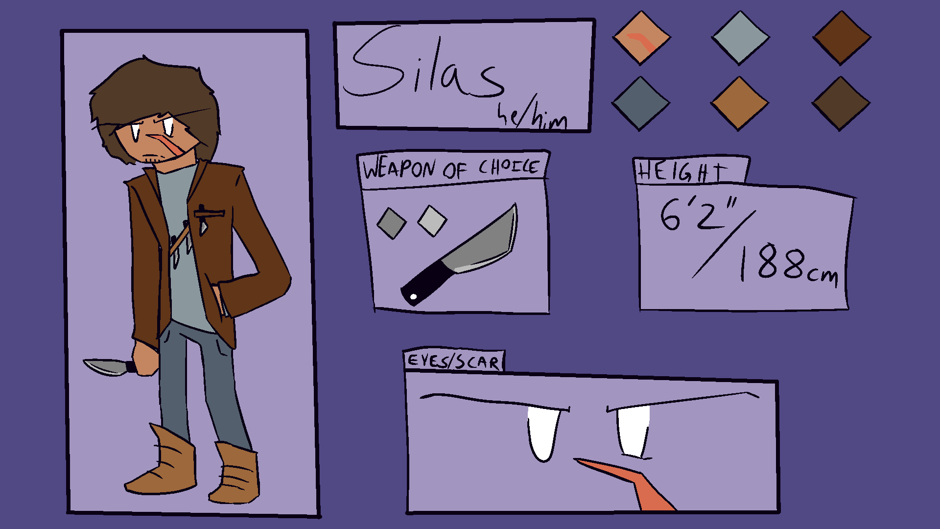 ref sheet for a character named silas.'