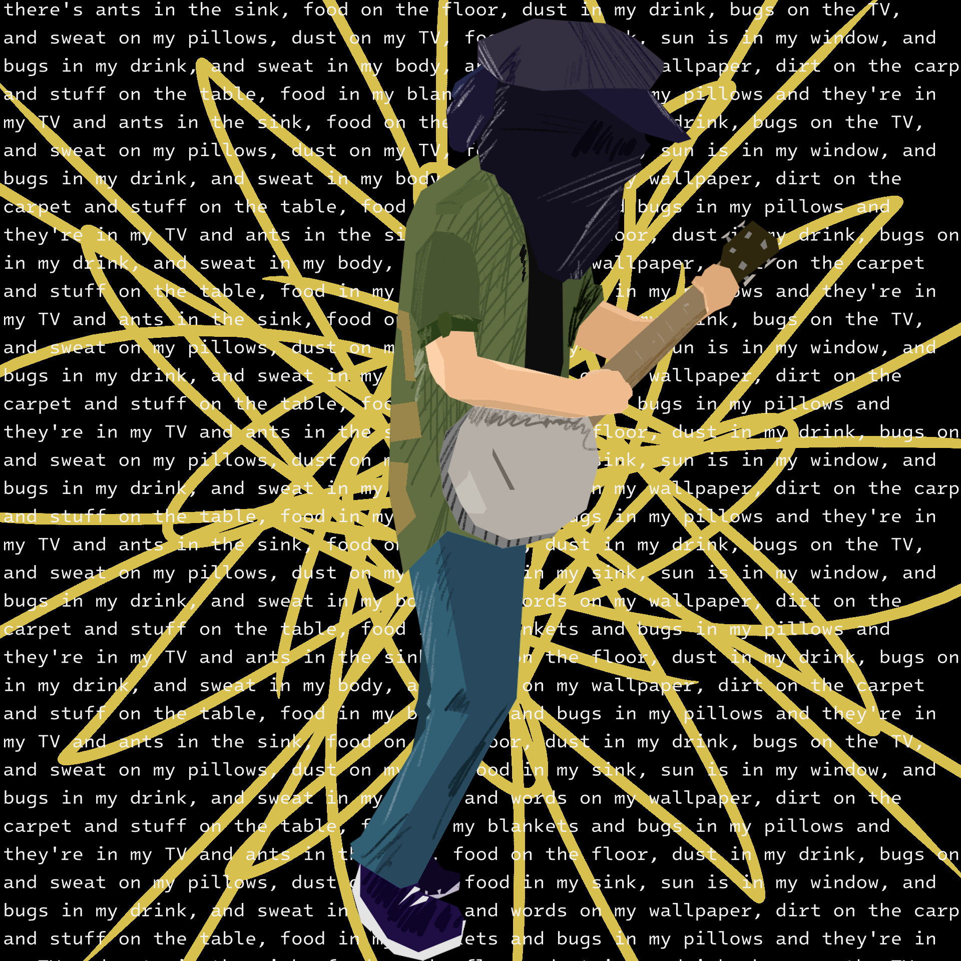 digital illustration of a photo of musical artist roach farmer. he has a green jacket on and a shirt tied around his head, obscuring his face. the background is black with an amorphous yellow shape, and there is text repeating a part of Greenish-Yellow that is too long to write here.