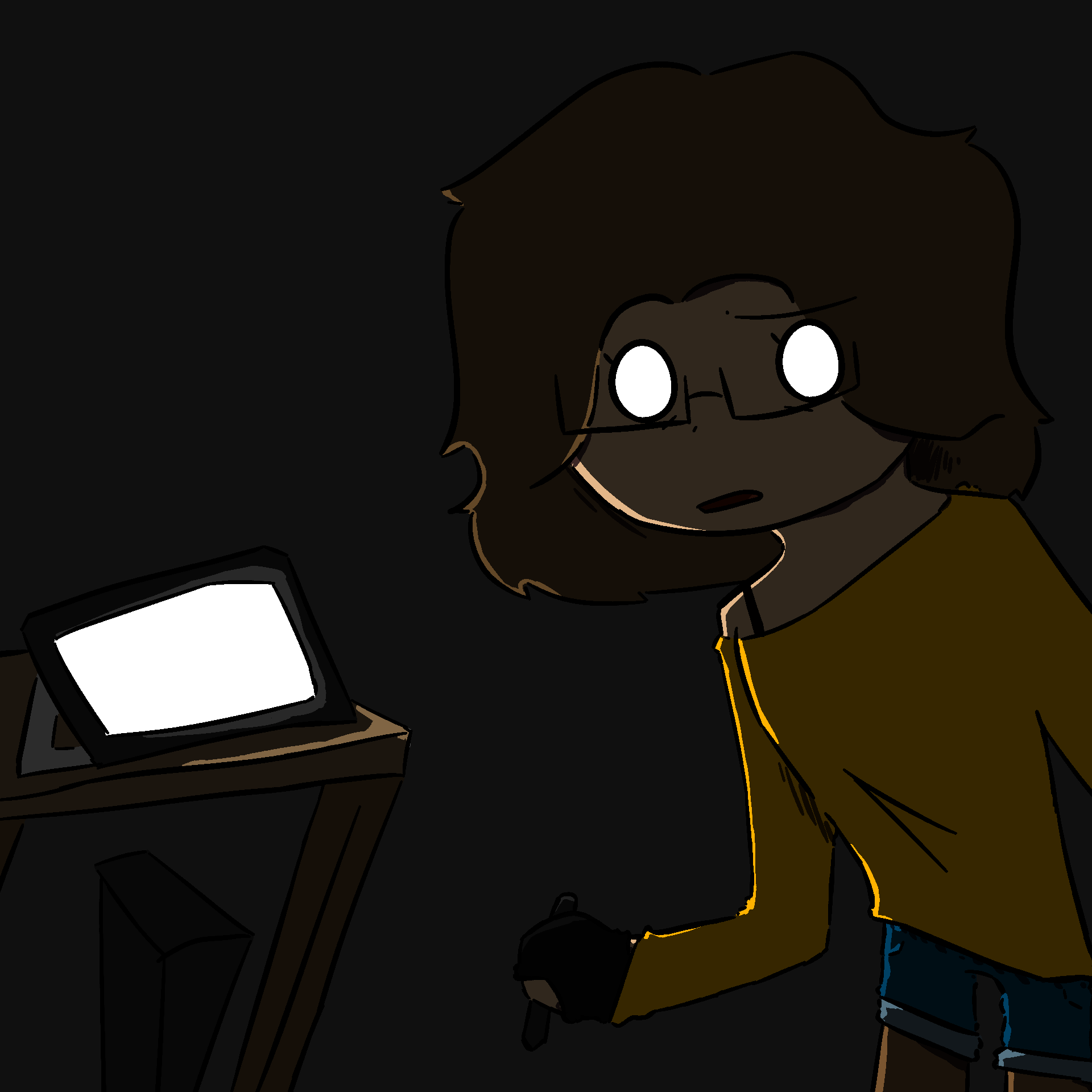 my persona, shrouded in darkness and only lightly illuminated by an activated monitor behind her. she looks shocked to be observed.