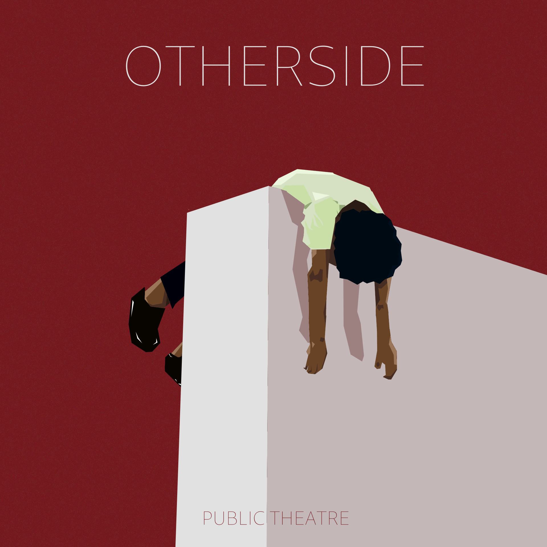 lineless, geometric illustration of a figure in a white shirt slumped over a white wall. red backdrop. 'PUBLIC THEATRE' is written near the top, 'OTHERSIDE' closer to the bottom.