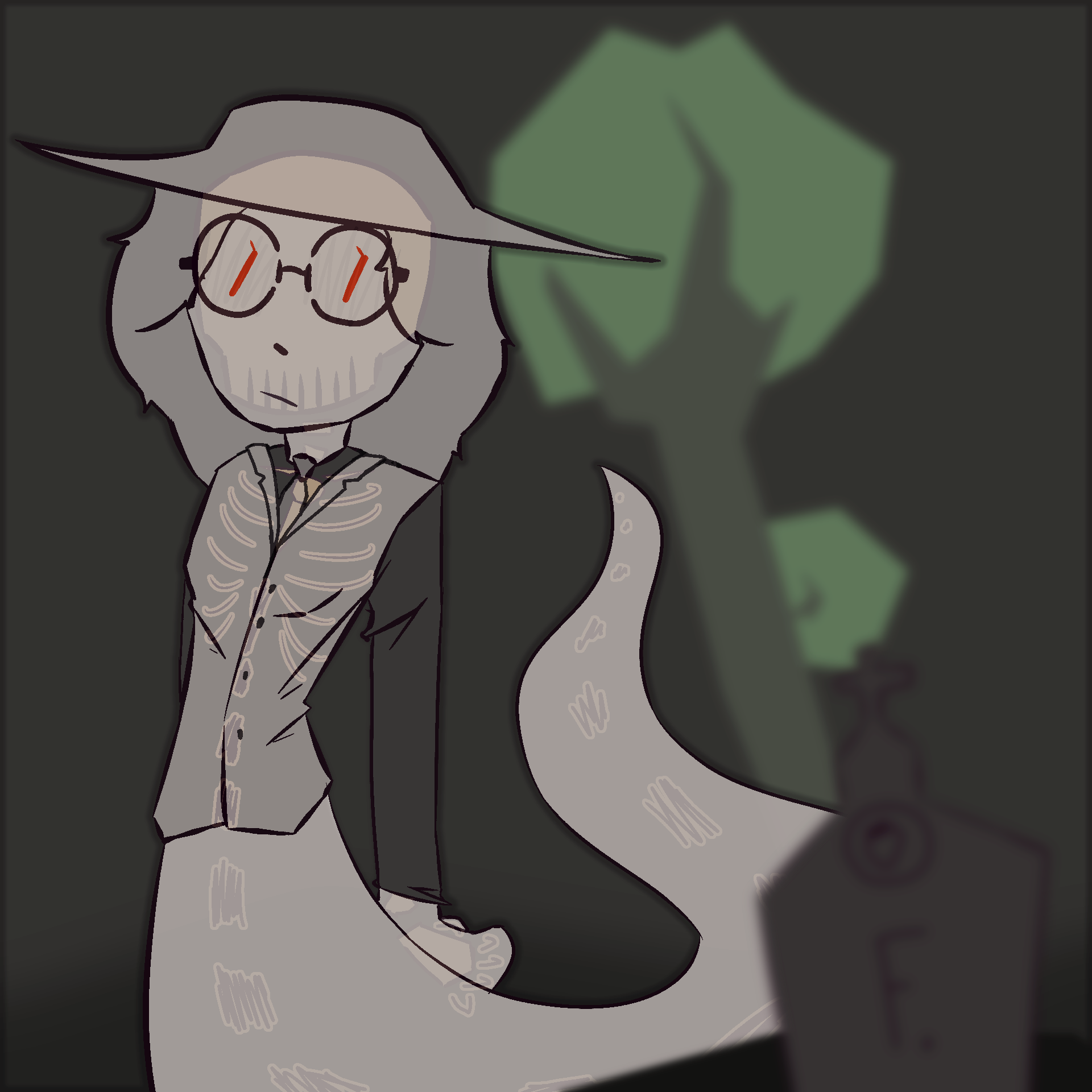 digital illustration of what appears to be a spirit in a dimly-lit and gloomy scene. she wears a waistcoat and, through her semi-transparent body, her bones are visible. she looks wistfully towards a headstone with the letter 'F' written on it.
