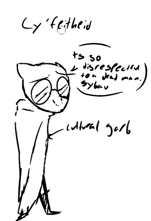 a humanoid with animalistic head shape, wearing glasses and a robe. she has a worried expression and is saying 'TS so disrespectful to a dead man. SYBAU.'